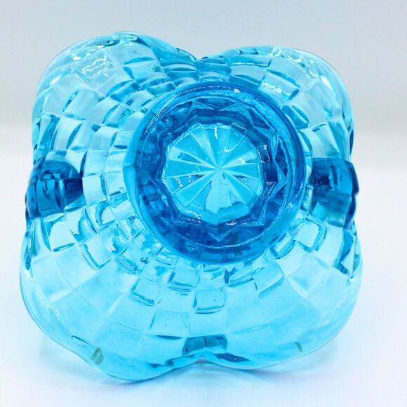 Vintage Blue Glass Weave Basket Pressed with Ruffled Scalloped Edge Split Handle - Picture 4 of 6